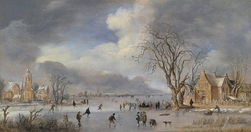 Aert van der Neer A winter landscape with skaters and kolf players on a frozen river